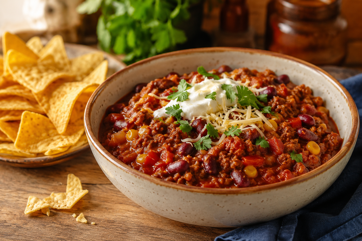 Chili con carne iz krčka sa pasuljem, pavlakom, sirom i tortilja čipsom